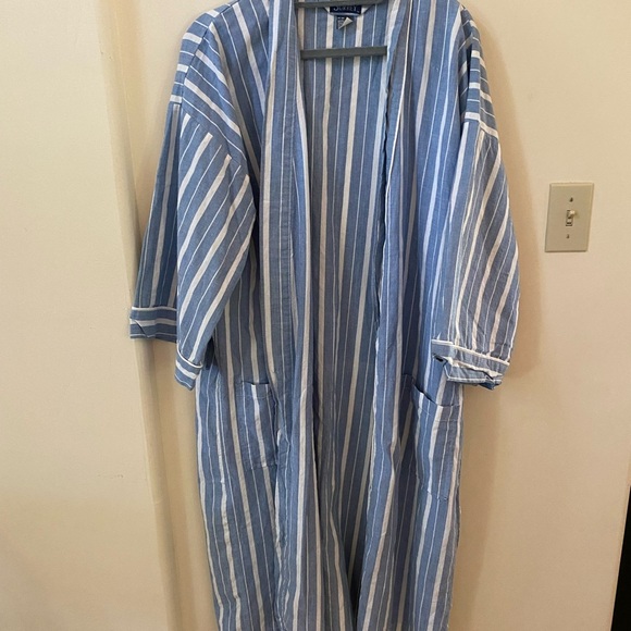 SURREY VINTAGE BLUE AND WHITE STRIPED ROBE KIMONO CARDIGAN BEACH COTTON UNISEX - Picture 3 of 8